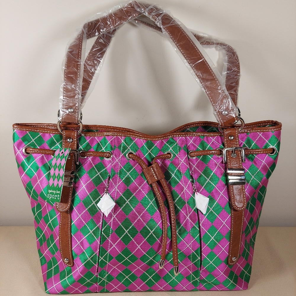 SYDNEY LOVE ARGYLE DRAWSTRING TOTE SHOULDER BAG,PINK/GREEN,ONE SIZE